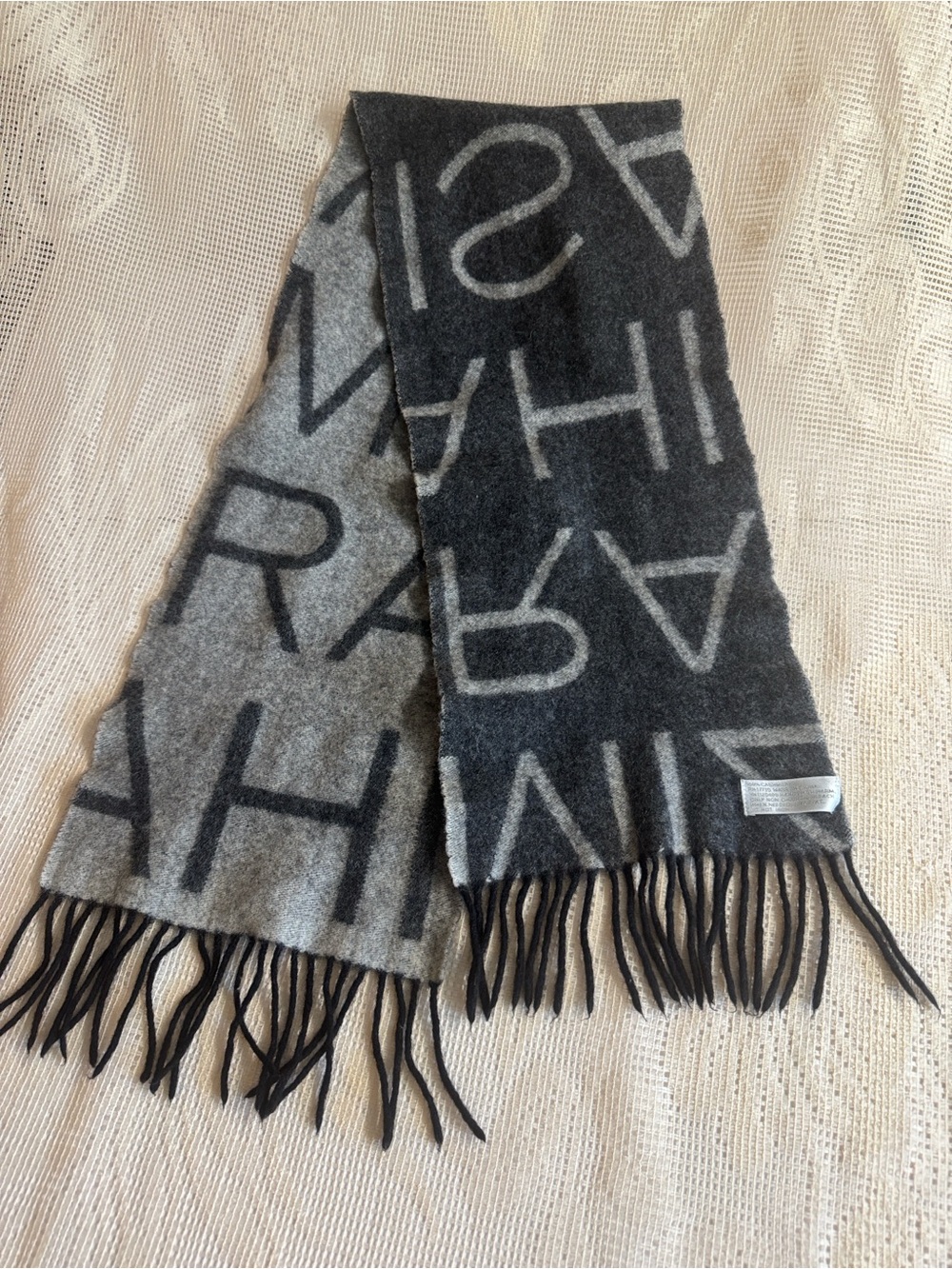 100% Cashmere Reversible Two-Tone Gray Logo Scarf 6” x 50” Quiet Luxury
